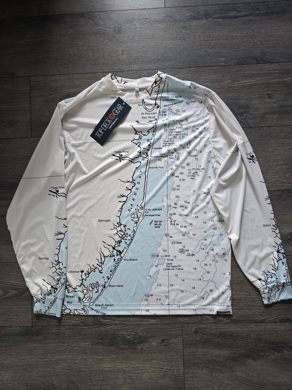 Top Deck Gear Barnegat Bay NJ Nautical Chart Long Sleeve Performance Tee L NWT